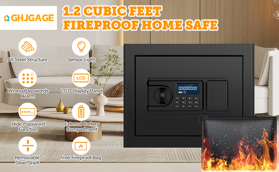GHJGAGE Home Safe Fireproof Waterproof, 1.2 Cu ft Fireproof Safe Box