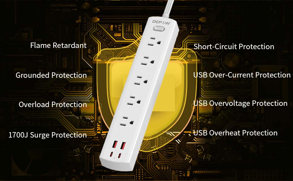DEPOW 5Outlet Power Bar Surge Protector with 4 USB Ports (2 USB C), 10