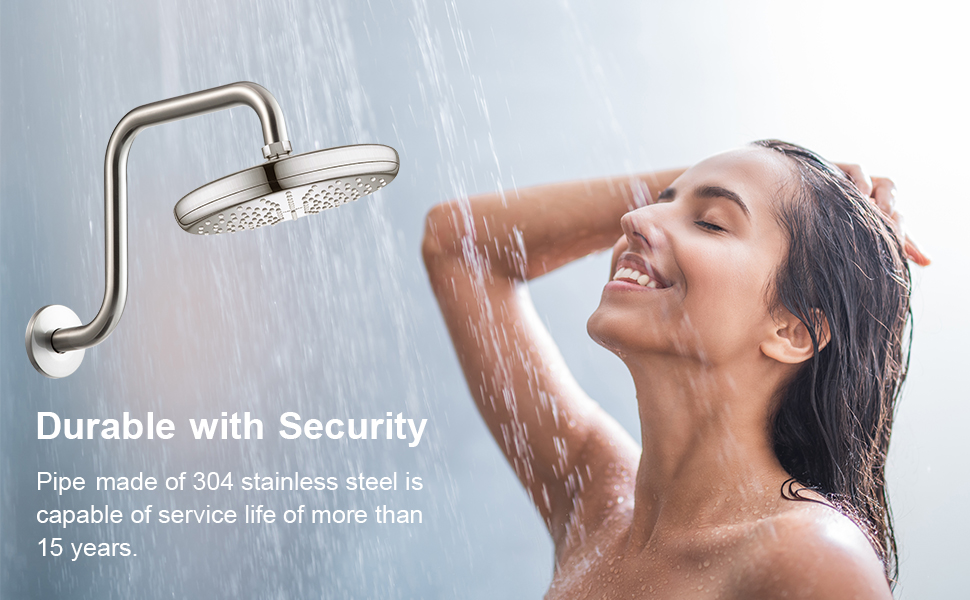 OFFO Shower Head Extension Arm 13 Inch, Brushed Nickel S Shaped High Rise Extender