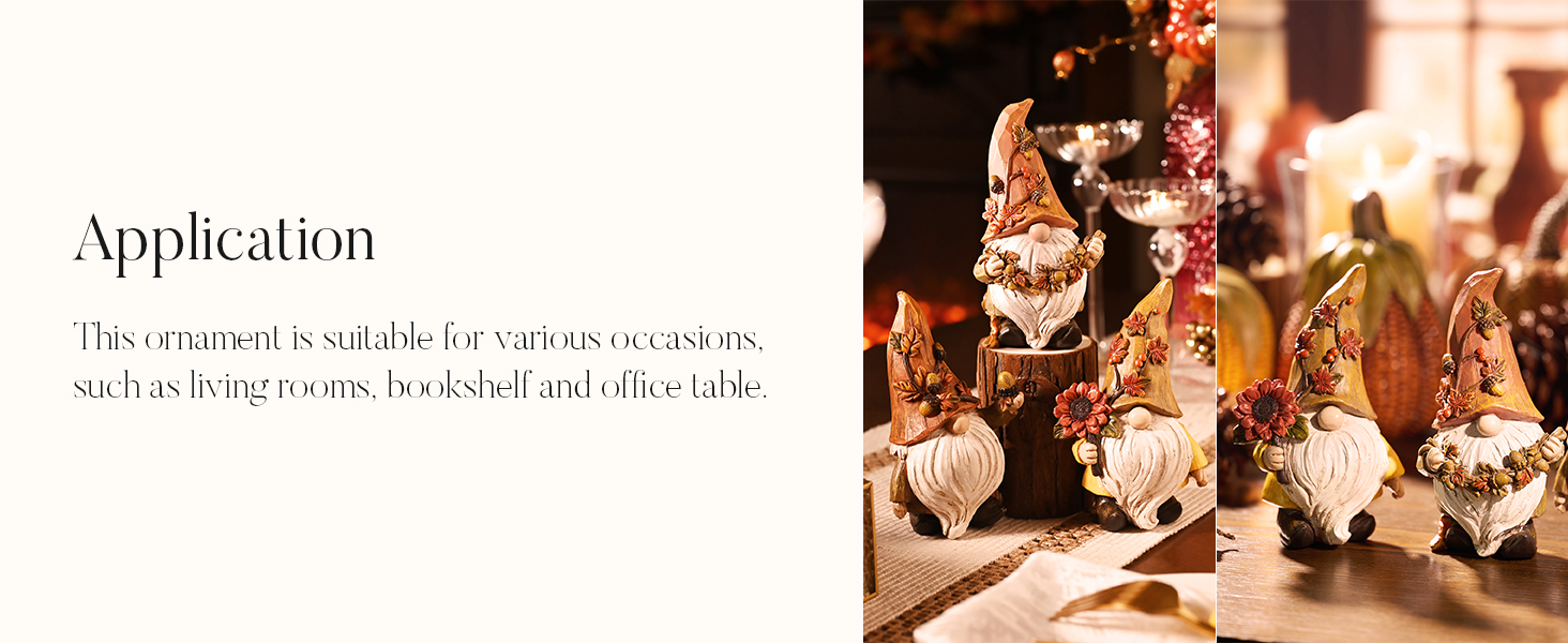 Row of decorative white ceramic roosters with gold accents on a table. Text indicates they are suitable for various occasions including living rooms and bedside decor.