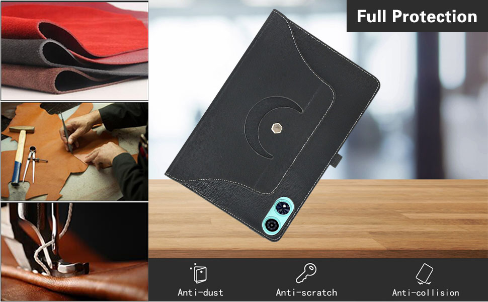 Tablet-Hülle aus schwarzem Leder mit Kameraausschnitt, abgebildet auf Holzoberfläche. Die beiliegenden Bilder zeigen Material und Handwerkskunst. Symbole weisen auf Staub-, Kratzer- und Kollisionsschutzfunktionen