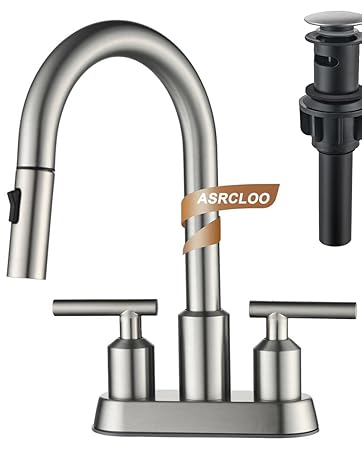 Pull Out Sink Faucet, Brushed Nickel 2 Handle Bathroom Faucet,4 Inch Centerset Bathroom Sink Faucet