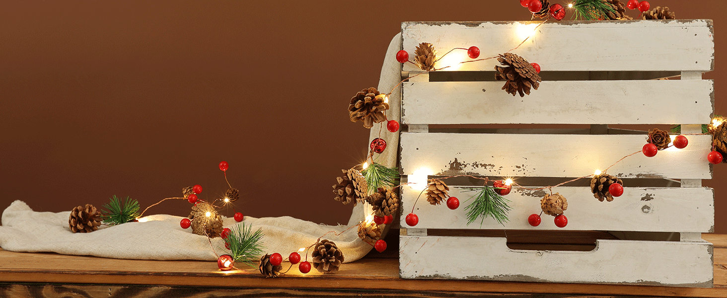 Christmas Garland with Lights, 6.6FT Pinecones Christmas String Lights