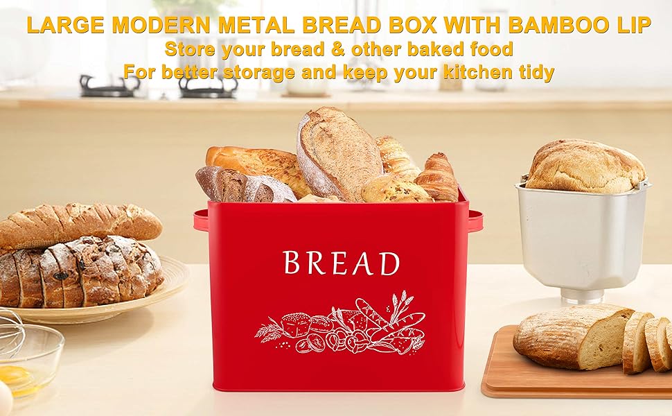 LIANYU Red Bread Box with Bamboo Lid for Kitchen Countertop, Large