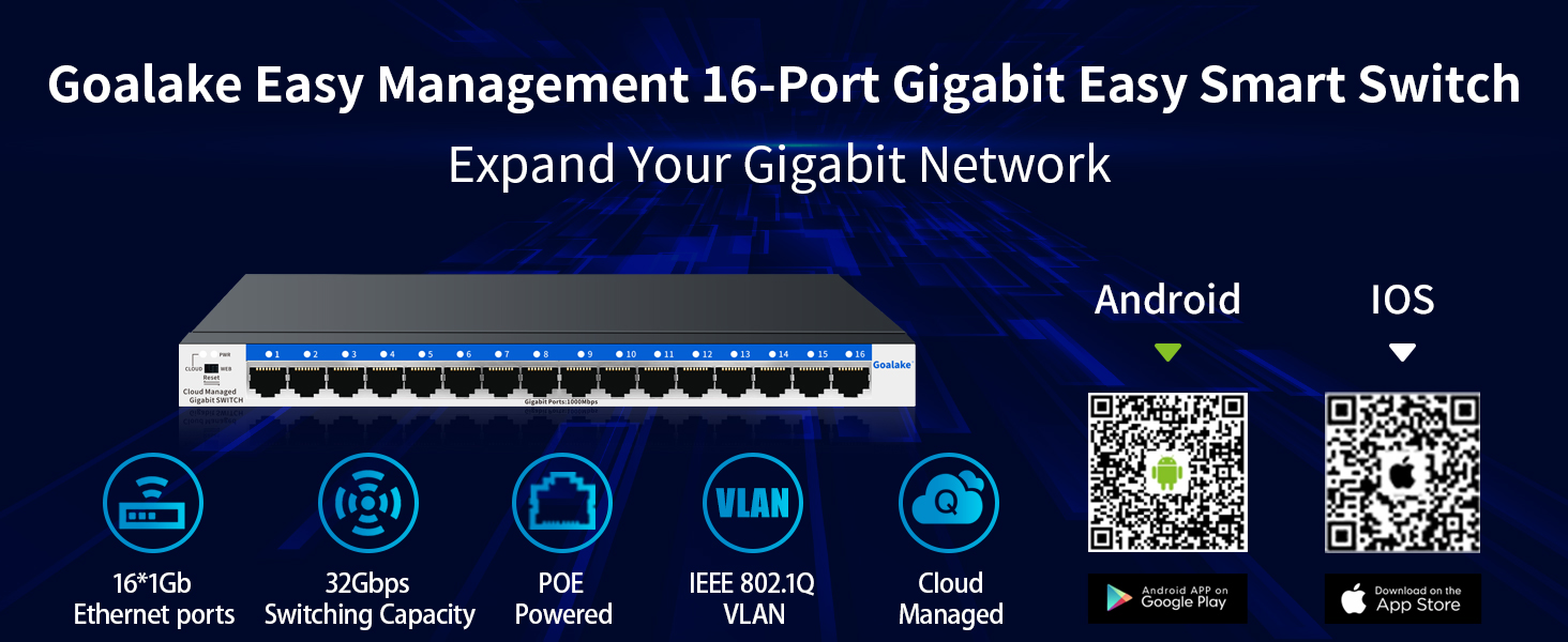 Goalake 16-Port Gigabit Smart Switch with blue ethernet ports, featuring management interface icons and QR codes for Android/iOS apps below.