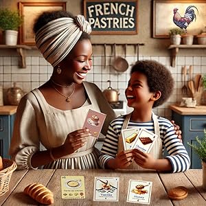 Mother and son playing with ingredient and recipe cards