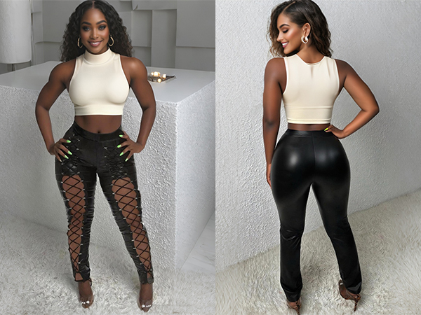 Nihsatin Fishnet Trim Lace Up PU Leather Pants Thin Lightweight