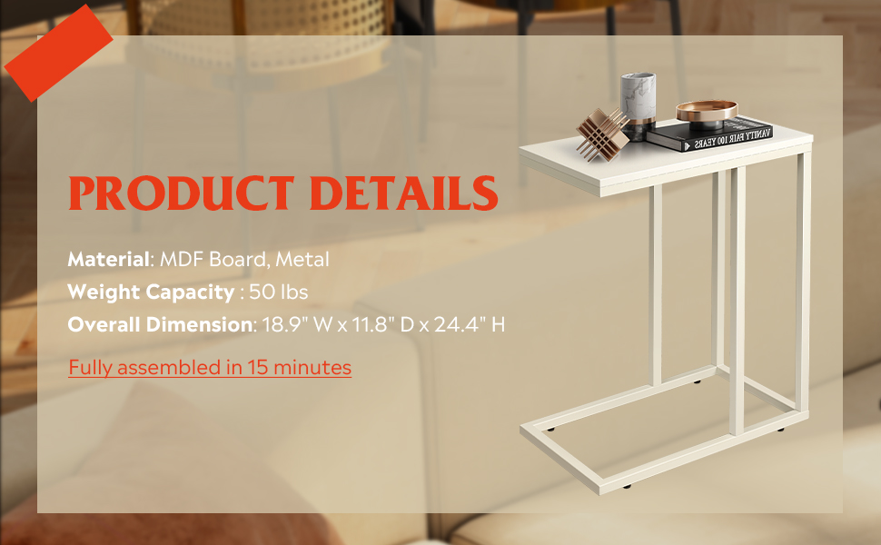 WLIVE Snack Side Table, C Shaped End Table for Sofa Couch