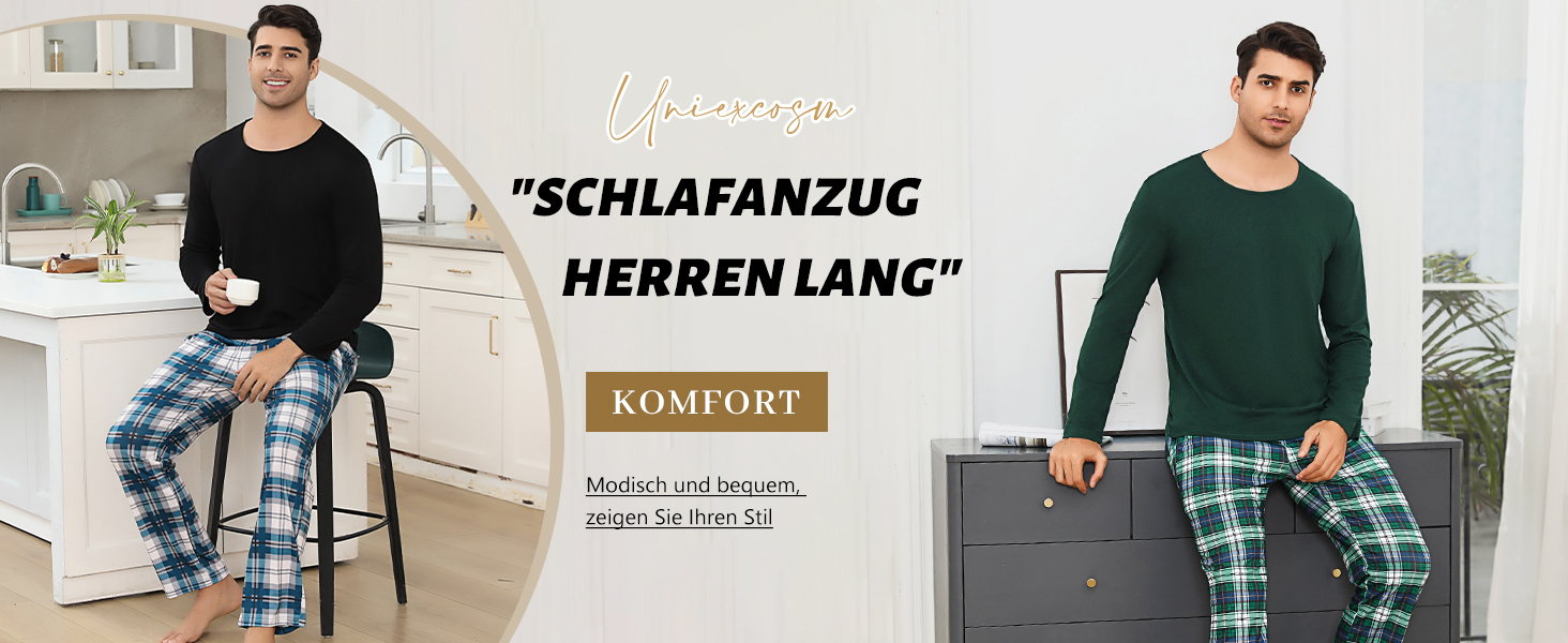 Uniexcosm Schlafanzug Herren Zweiteiliger Lang Baumwolle Pyjama Set