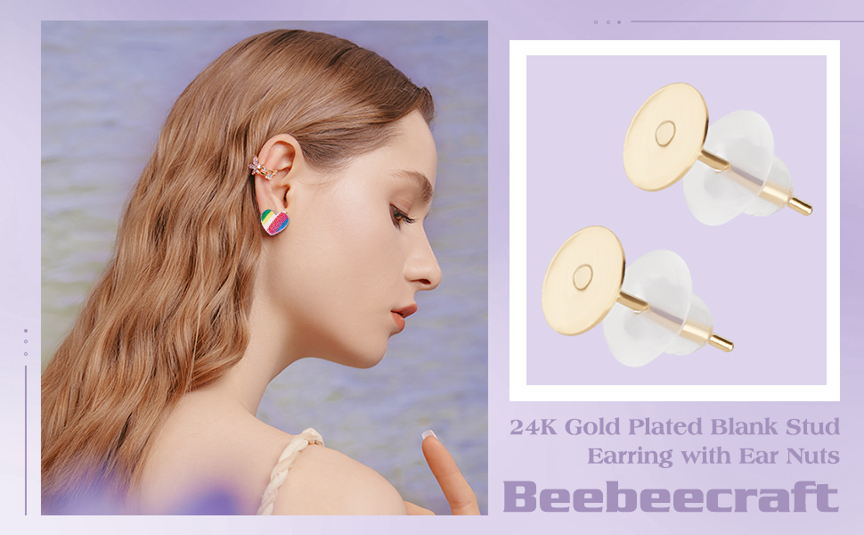 Gold-plated stud earrings with circular disc design. Shown worn and in close-up, labeled as 24k gold-plated blank stud earrings with ear nuts by Beebee craft.