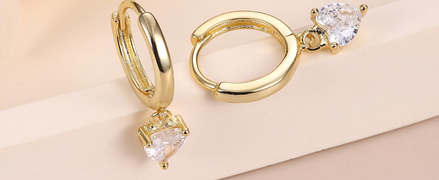 CZ HEART dangle hoop earrings
