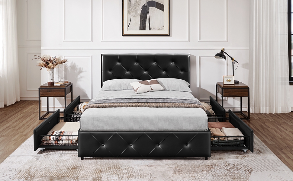Modern bedroom with black tufted platform bed, white bedding, wooden floor, and minimalist decor including side tables and lamp.