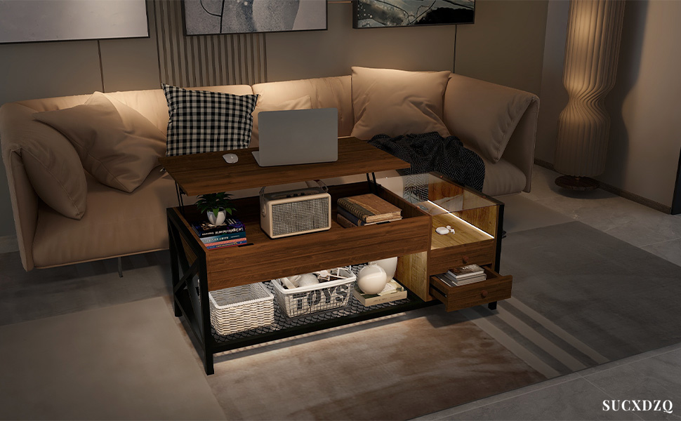 SUCXDZQ LED Coffee Table, LED Lift Top Coffee Table with