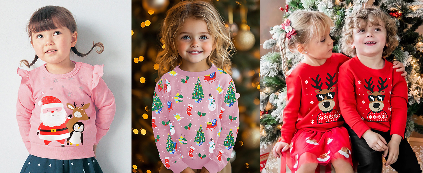 Kinderpullover zum Thema Urlaub mit festlichen Motiven in den Farben Rosa und Rot, die an mehreren Kindern in einer weihnachtlichen