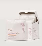 White box and sachets of Kollagen plus, a collagen supplement. Box displays product details and individual sachets are neatly arranged, showcasing the packaging design.