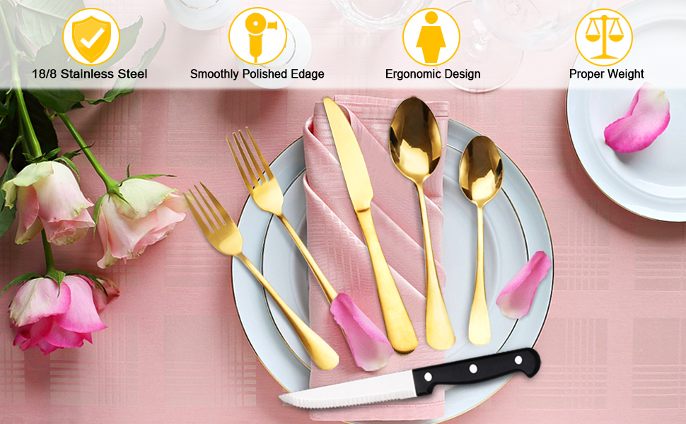 36Piece Gold Silverware Set, Flatware Tray Cutlery Set with Drawer