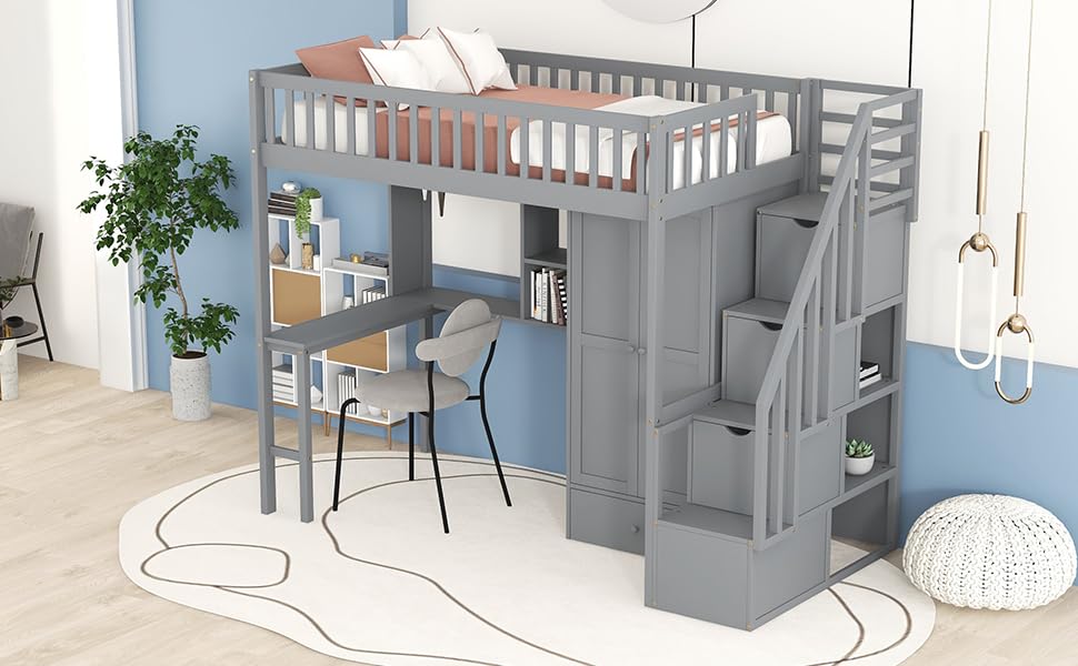 Polibi Twin Loft Bed with Desk/Wardrobe/Book Shelves, Multi