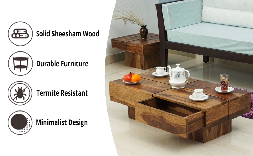 WOODEFLY Sheesham Wooden Coffee Table for Living Room Square Centre