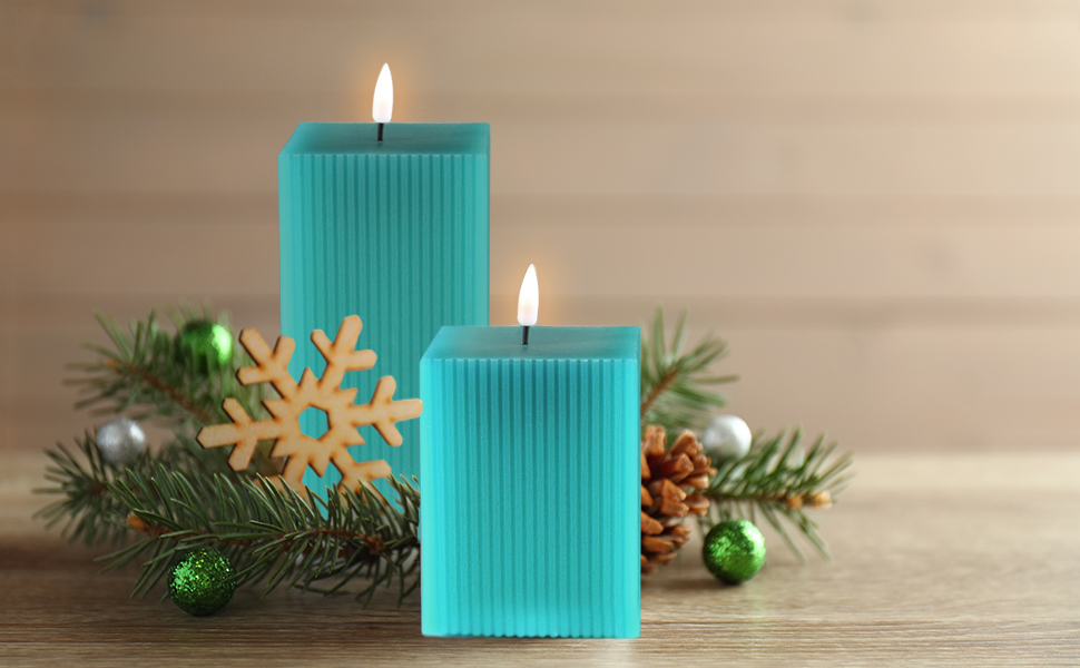 Eywamage Teal Blue Square LED Candles, Ribbed Flameless Candles with