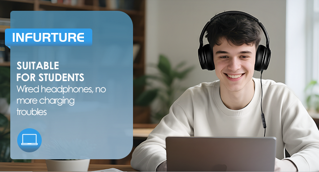 Product interface showing 'INFURTURE' text with blue overlay banner indicating 'SUITABLE FOR STUDENTS' with additional features listed.