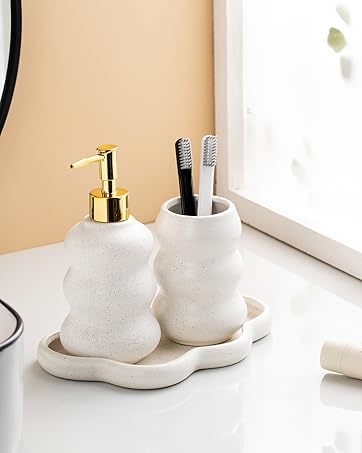 Bathroom Accessory Set, 3-piece Ceramic Bath Accessories Set with Sand Point Glaze Design