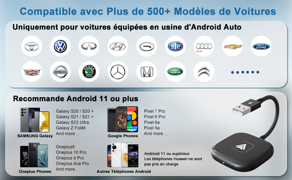 Android Auto Adaptateur sans Fil, Dongle Android Auto sans Fil pour Autoradio Android