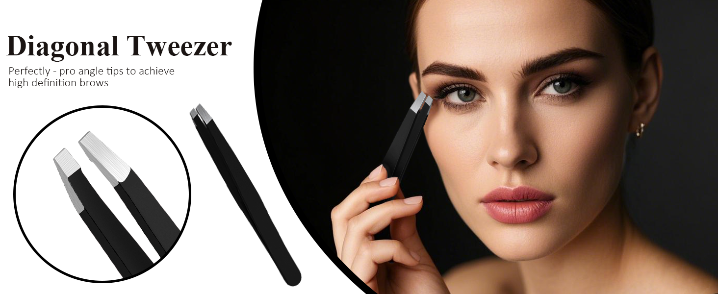 Diagonal tweezer with angled tip shown in close-up and full view. Black handle with precision stainless steel tips for accurate hair removal. Demonstrated in use on eyebrow area.