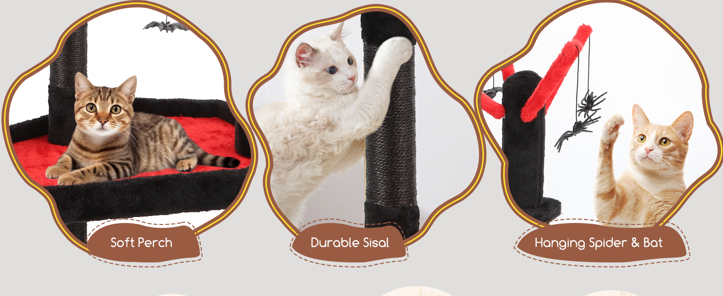 goth cat tree with 5 sisal posts & hanging spiders bats