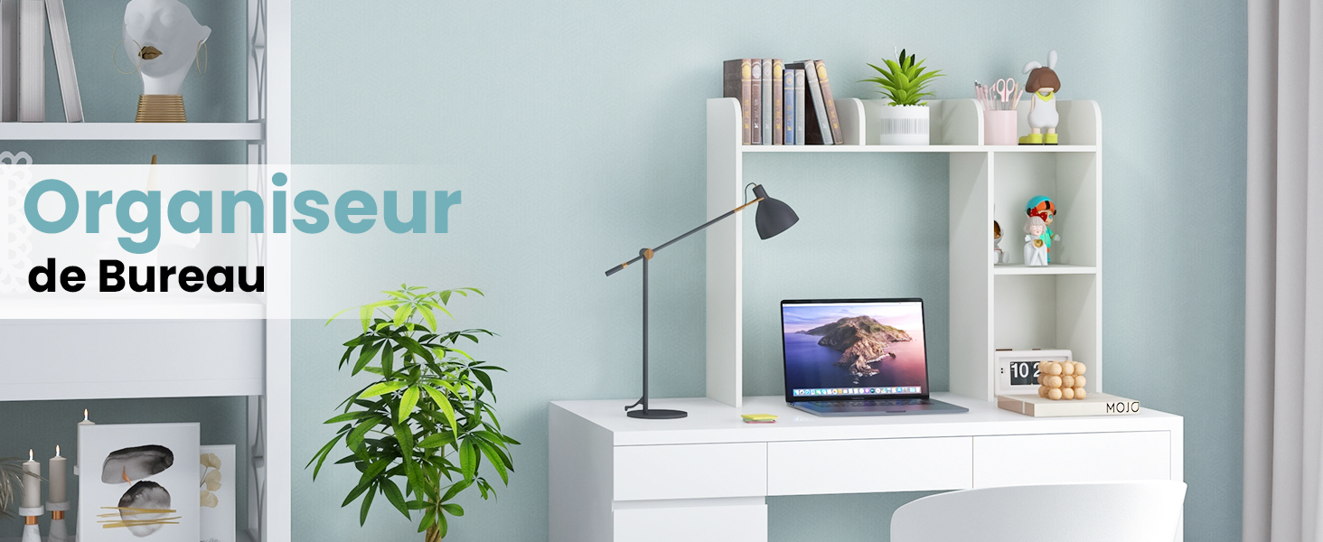 avec bureau blanc, étagère, ordinateur portable, lampe de bureau et plantes. Le texte « Organisateur de Bureau » est visible au premier plan