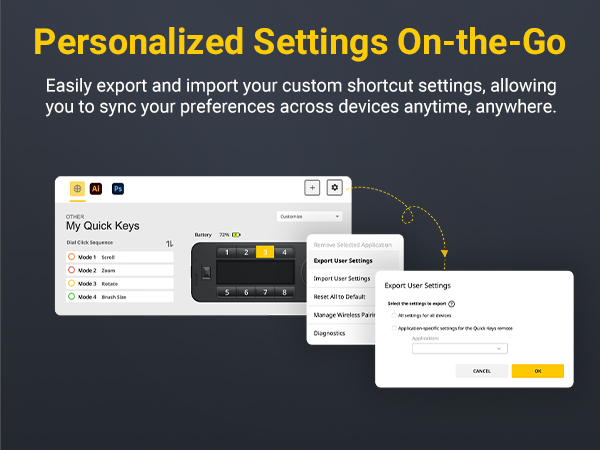 Text reads 'Personalized Settings On-the-Go' followed by 'Easily export and import your custom shortcut settings, allowing you to sync your preferences across devices anytime, anywhere.' Screenshot shows settings interface.