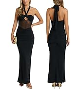 Women's Sexy Halter Backless Maxi Dress Mesh Patchwork Hollow Out Sleeveless Bodycon Ruched Cockt...