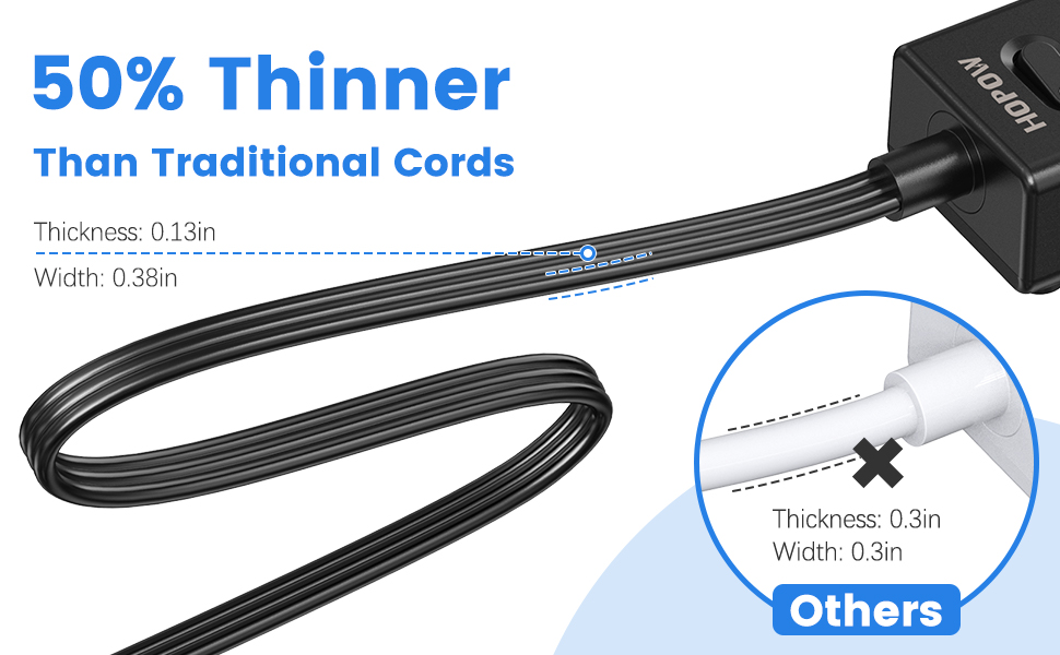 HOPOW Flat Plug Power Strip, 6 Ft Ultra Thin Extension Cord