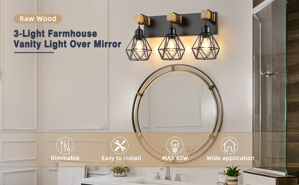 3 Lights Wood Bathroom Vanity Lighting Fixture