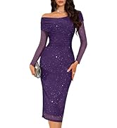 BeryLove Womens Long Sleeve Off Shoulder Formal Wedding Guest 2025 Mesh Sequin Dress