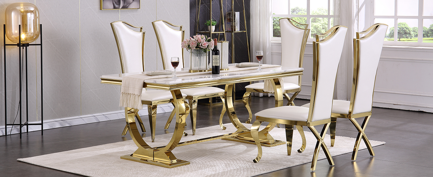 Asday Modern Dining Room Table with Gold Stainless Steel
