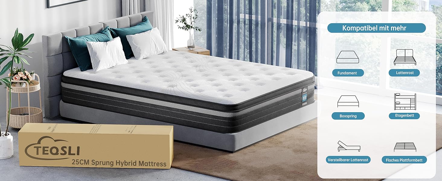 Tesoli-Hybridmatratze mit grauer, gesteppter Oberseite, abgebildet auf dem Bettgestell mit Symbolen mit Gebrauchsanweisungen, die verschiedene Schlafpositionen und