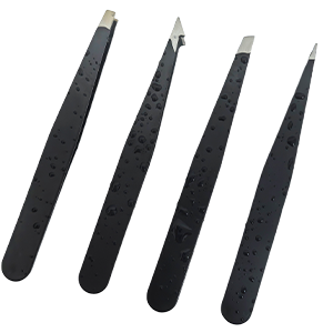 Four black precision tweezers laid out in a row, featuring slender pointed tips and textured grip surfaces.