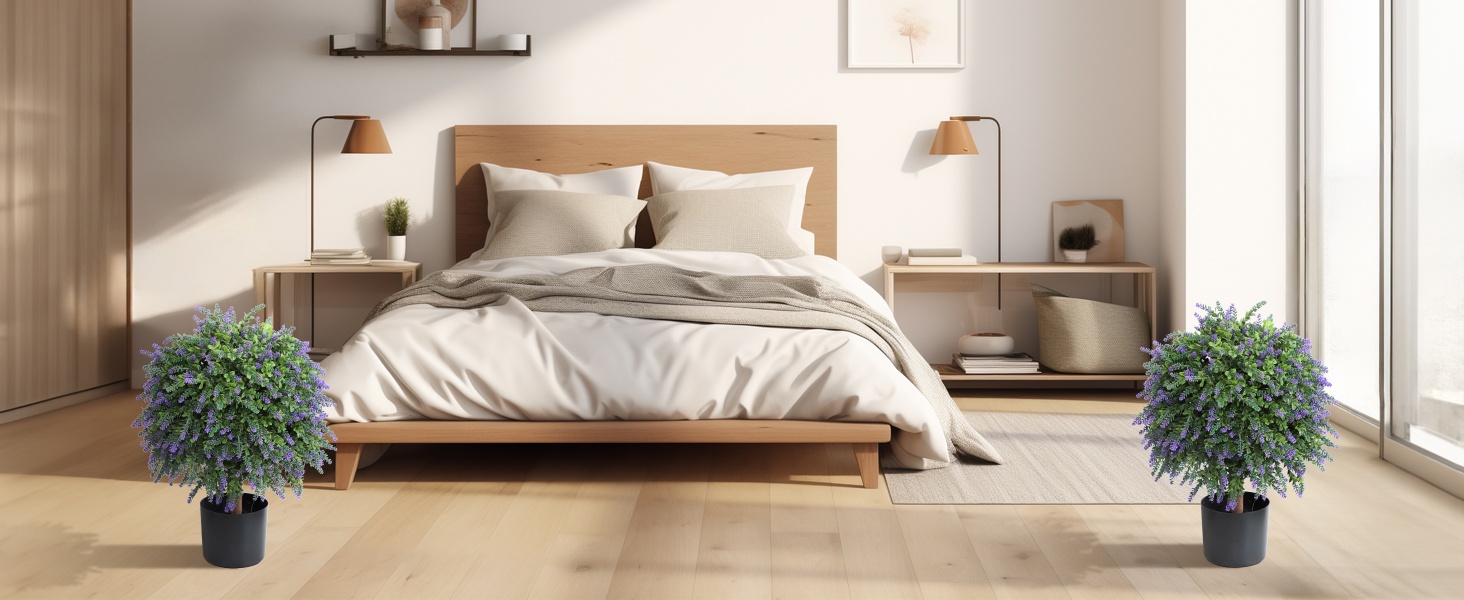 Modern bedroom interior featuring minimalist furniture, natural lighting, and decorative plants. Shows bed, nightstand, and window arrangement from multiple angles.