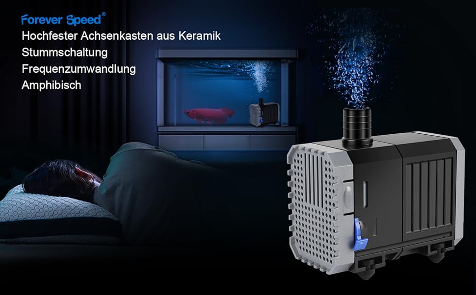 Aquariumpumpe mit blauem LED-Licht. Zu den Produktmerkmalen gehören Keramikkonstruktion, geräuschloser Betrieb und Frequenzumwandlung. Wird in einer dunklen Aquarienumgebung gezeigt.