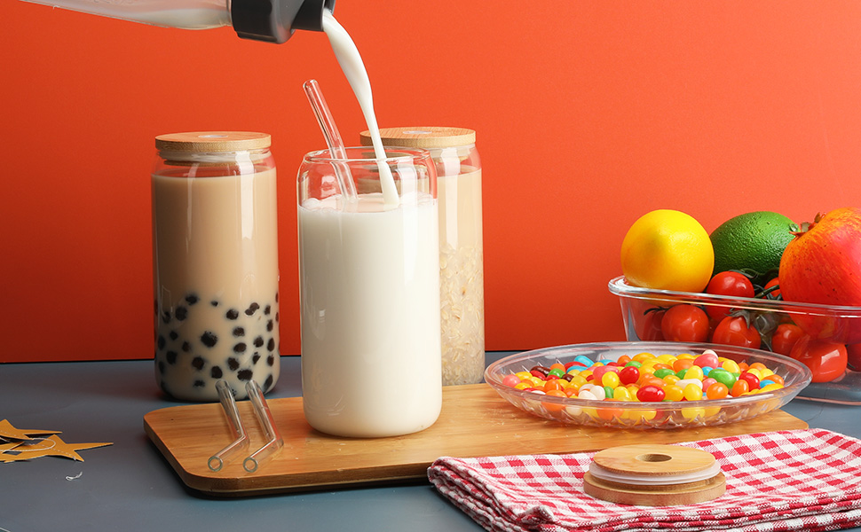 4 Pack Drinking Glasses with Glass Straw, 16oz Can Shaped Glass Cups