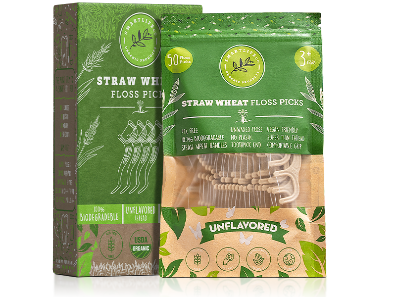 All natural dental floss picks made from gluten free straw wheat.