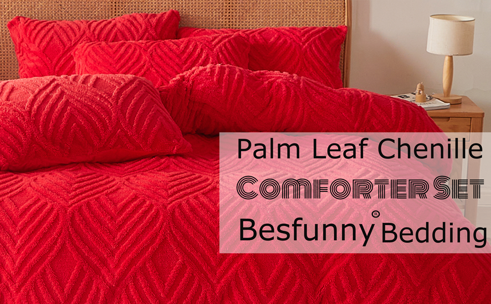 Fluffy red Comforter Set Queen，Plush Chenille Palm Floral