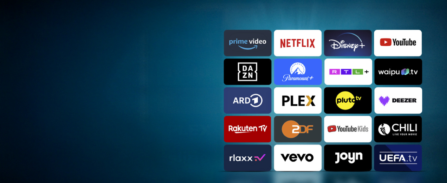 Eine Reihe von Logos von Streaming-Diensten, darunter Netflix, Amazon Prime, Disney+ und andere beliebte Plattformen, angeordnet in einem horizontalen Banner vor dunklem Hintergrund.