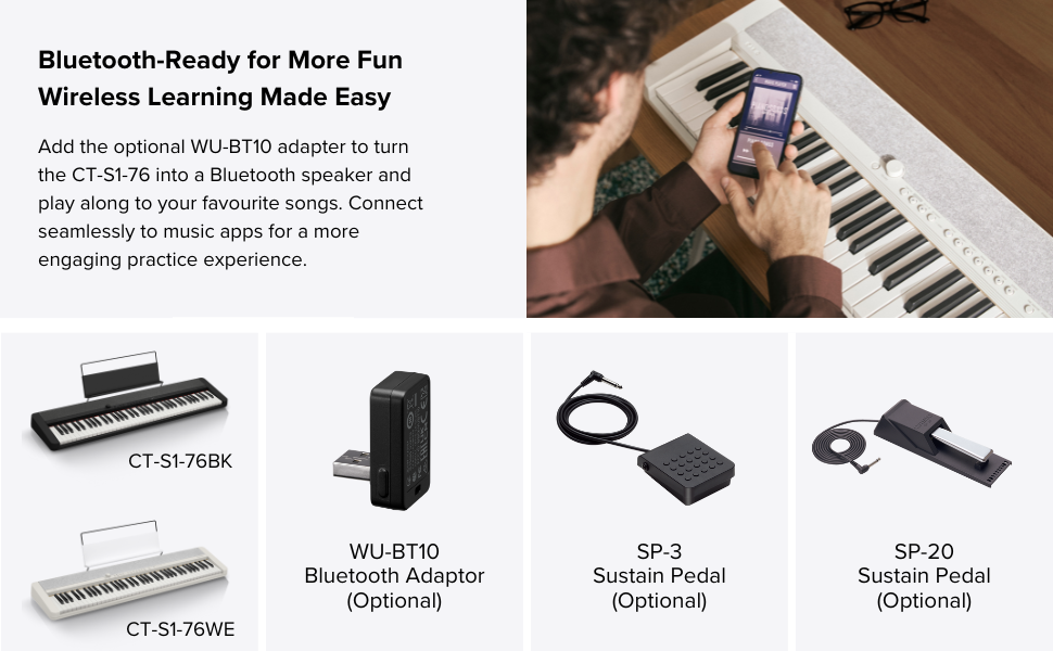 The CT-S1-76 can be expanded with a WU-BT10 Bluetooth MIDI adaptor, and sustain pedals.