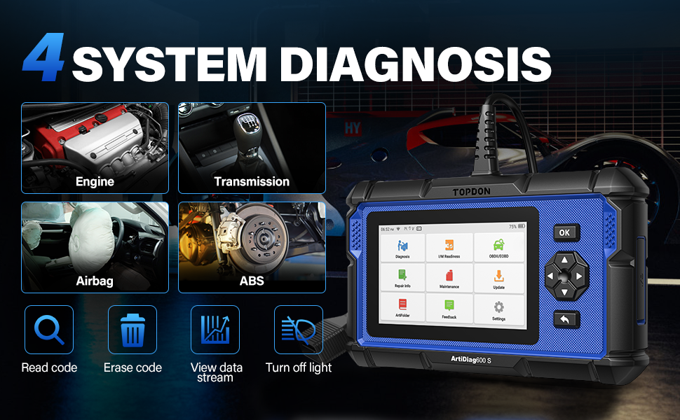 TOPDON ArtiDiag600S OBD2 Code Reader, Car Diagnostic Tool For 4 Systems