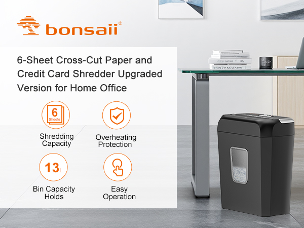 Bonsaii 6-sheet cross-cut paper and credit card shredder. Features 13L bin capacity, quiet operation, and overheating protection. Black and silver design.