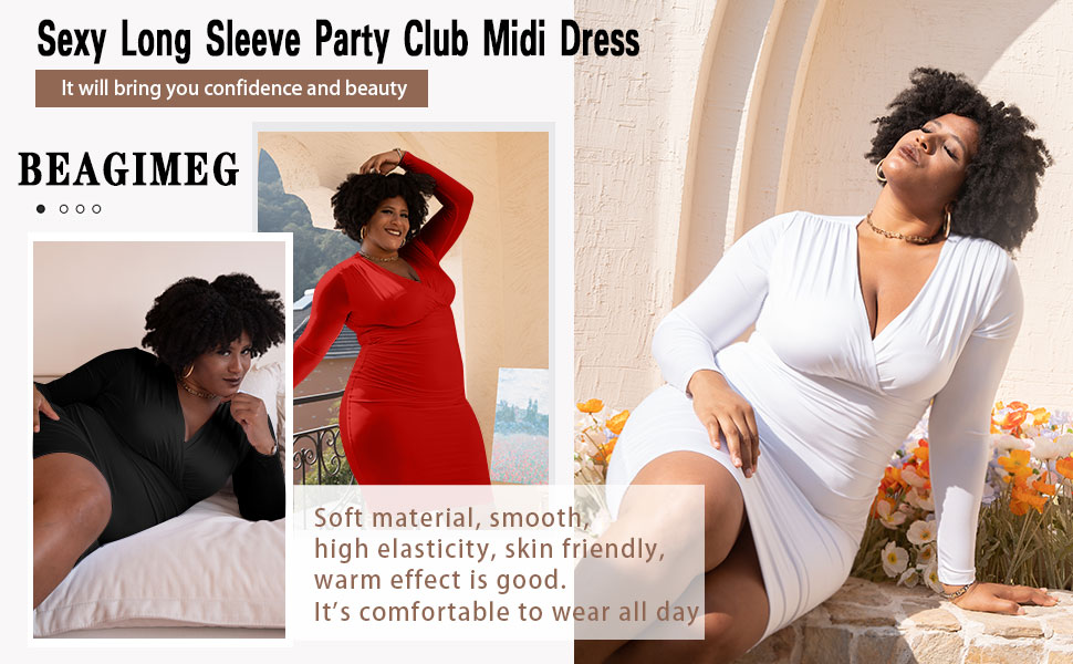 BEAGIMEG Women's Sexy Bodycon Long Sleeve Ruched Deep V Neck Solid Party Club Midi Dress