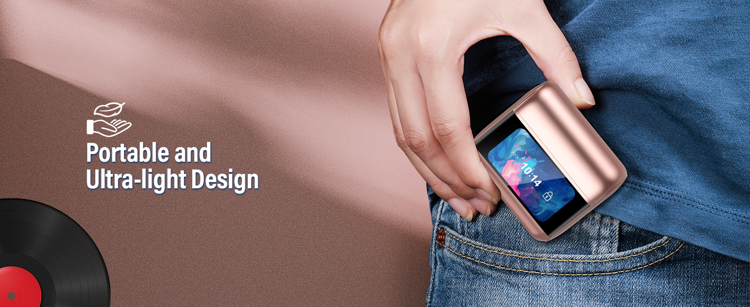 Text reads 'Ultra-light Design' and 'Portable and'. Product demonstration showing device being placed in pocket, emphasizing compact size.