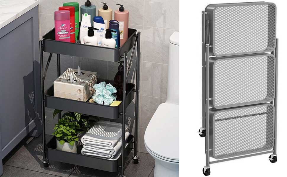 BAKAJI Carrello Cucina Pieghevole con 3 Ripiani Cestelli 4 Ruote
