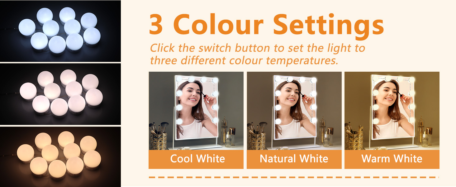 LED Vanity Mirror Lights with USB Cable, 3 Colours & 10 Levels